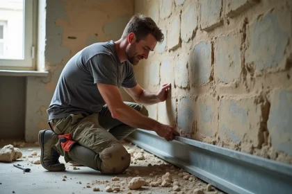 Ouvrier posant une ossature métallique de cloison demi-stil contre un vieux mur en pierre dans un appartement en rénovation