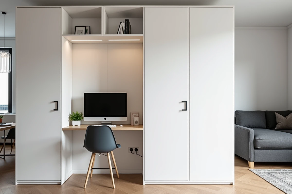 Cloison modulable blanche délimitant un coin bureau équipé d'un bureau flottant en bois clair dans un appartement open space