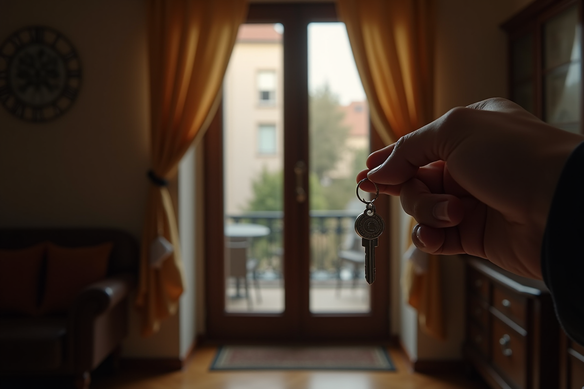 Main tenant des clés d appartement français devant une entrée lumineuse