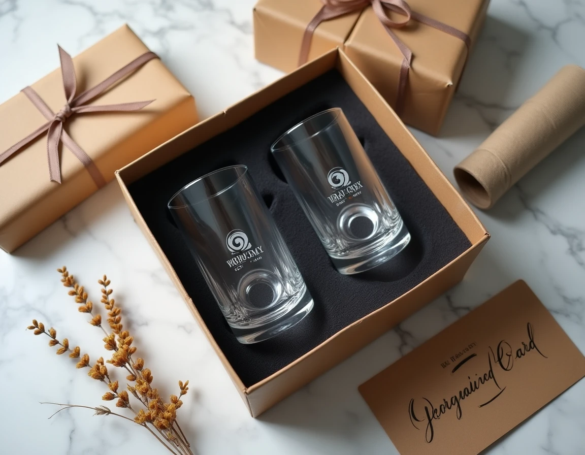 Coffret cadeau avec verres à whiskey gravés en cristal disposés dans une boîte velours anthracite sur marbre blanc