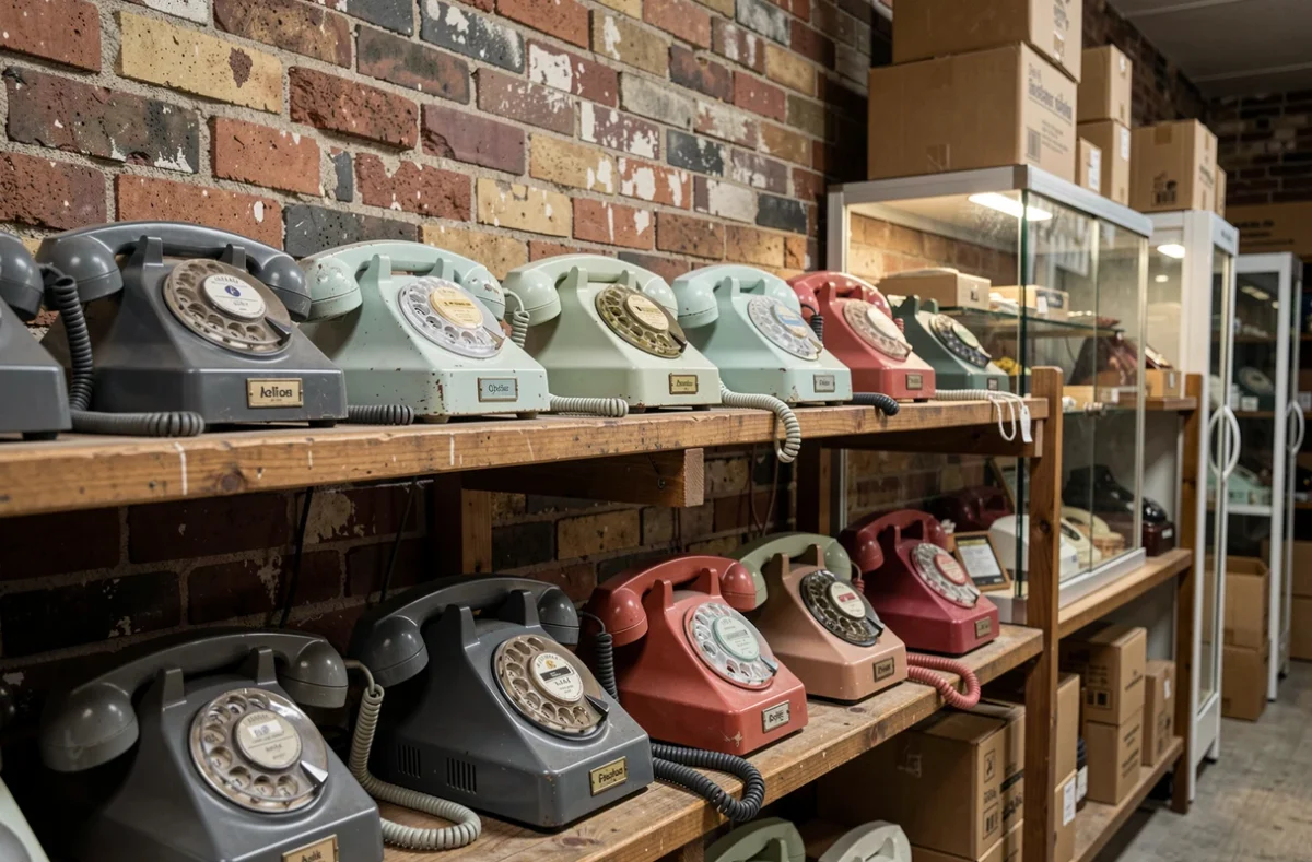 Collection de téléphones à cadran rotatif français vintage de marques variées exposés sur des étagères en bois dans une brocante