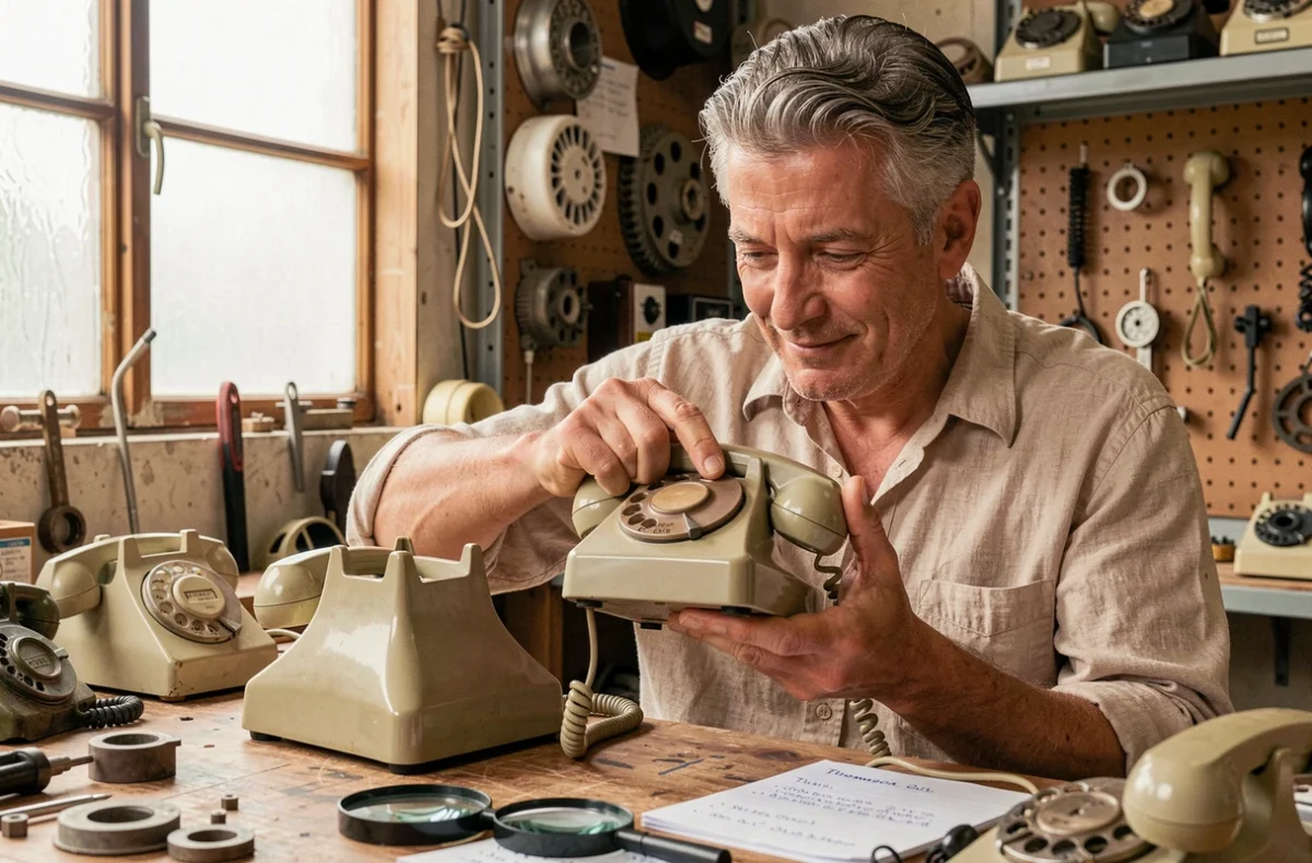 Collectionneur examinant un téléphone à cadran rotatif Thomson vintage dans son atelier de restauration