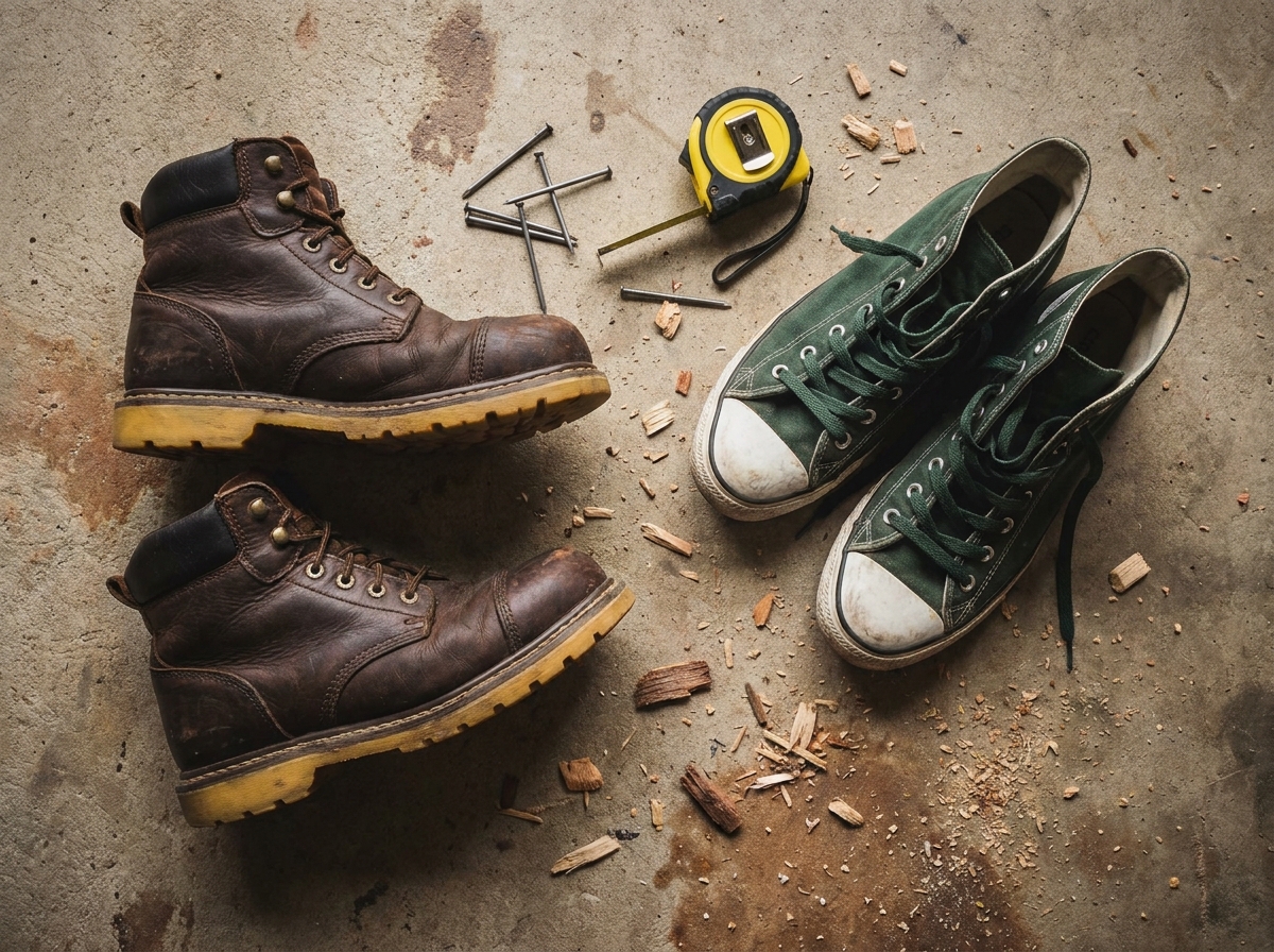 Comparaison côte à côte entre chaussures de sécurité en cuir et baskets montantes renforcées sur sol béton d'atelier