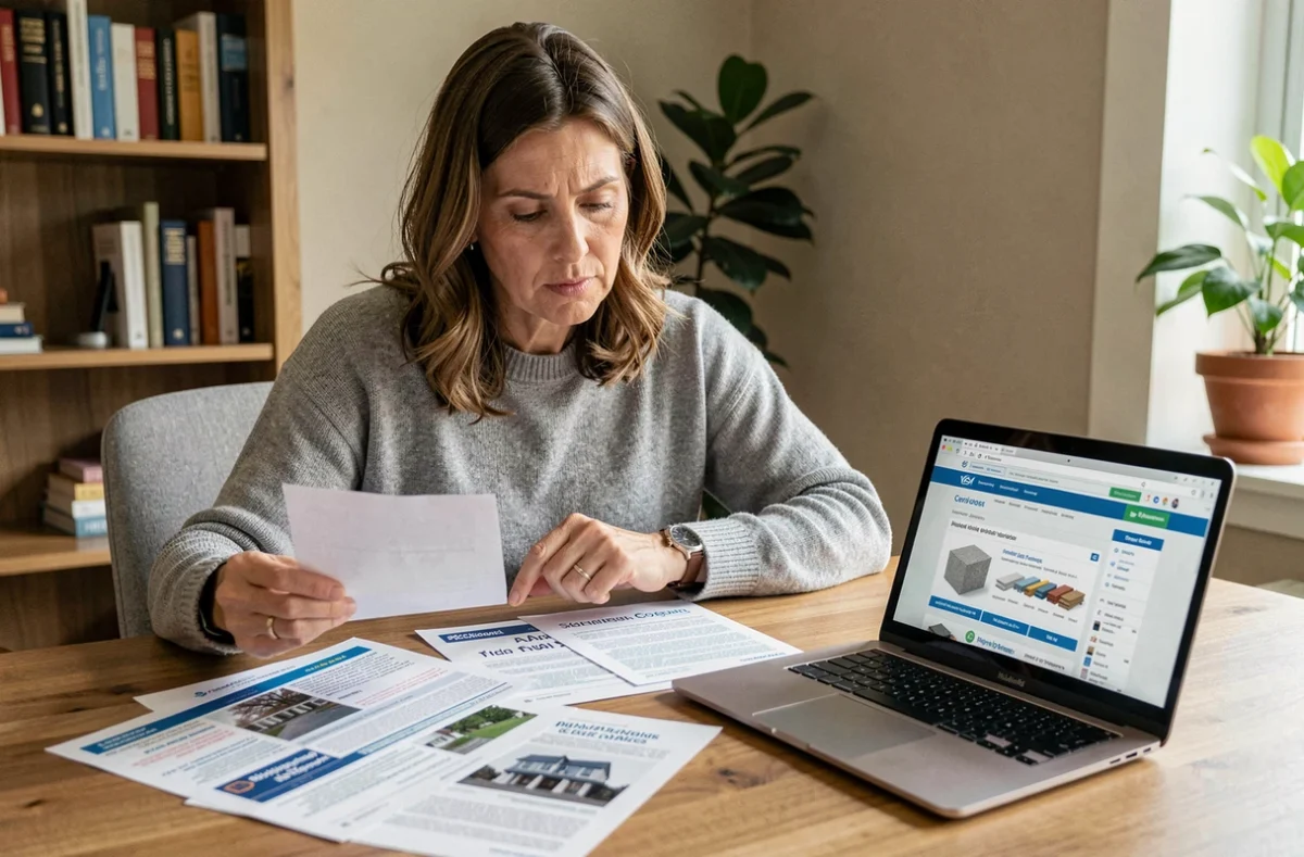 Femme comparant des devis de poutrelles hourdi en ligne depuis son bureau à domicile
