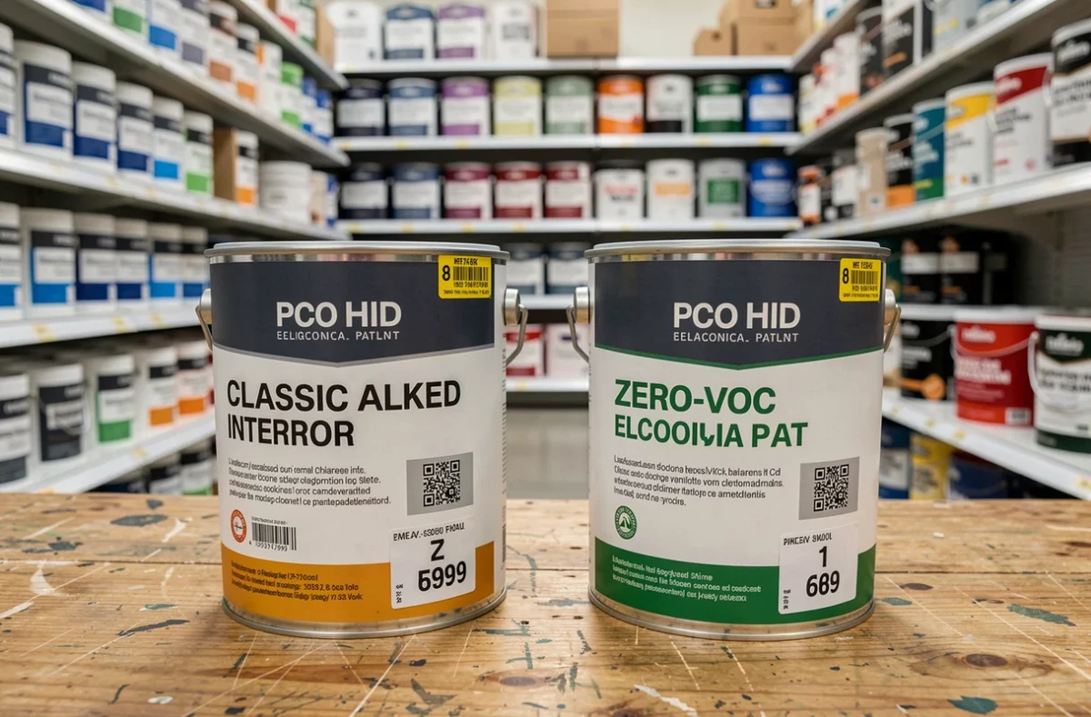 Comparaison de deux pots de peinture intérieure côte à côte, peinture classique et peinture écologique avec étiquettes de prix visibles en magasin de bricolage
