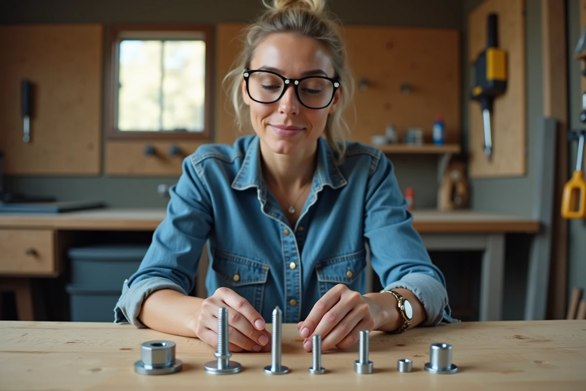 Femme comparant différents types de chevilles murales sur un établi dans un atelier de bricolage