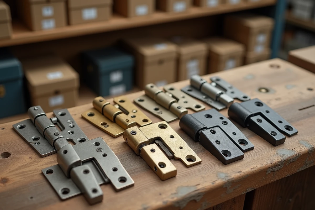 Collection de différents types de gonds pour porte en acier brossé, laiton antique et noir mat sur bois vieilli