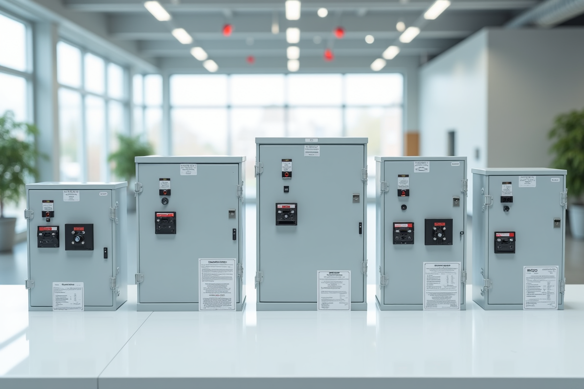 Différents tableaux électriques alignés sur une table dans un showroom lumineux