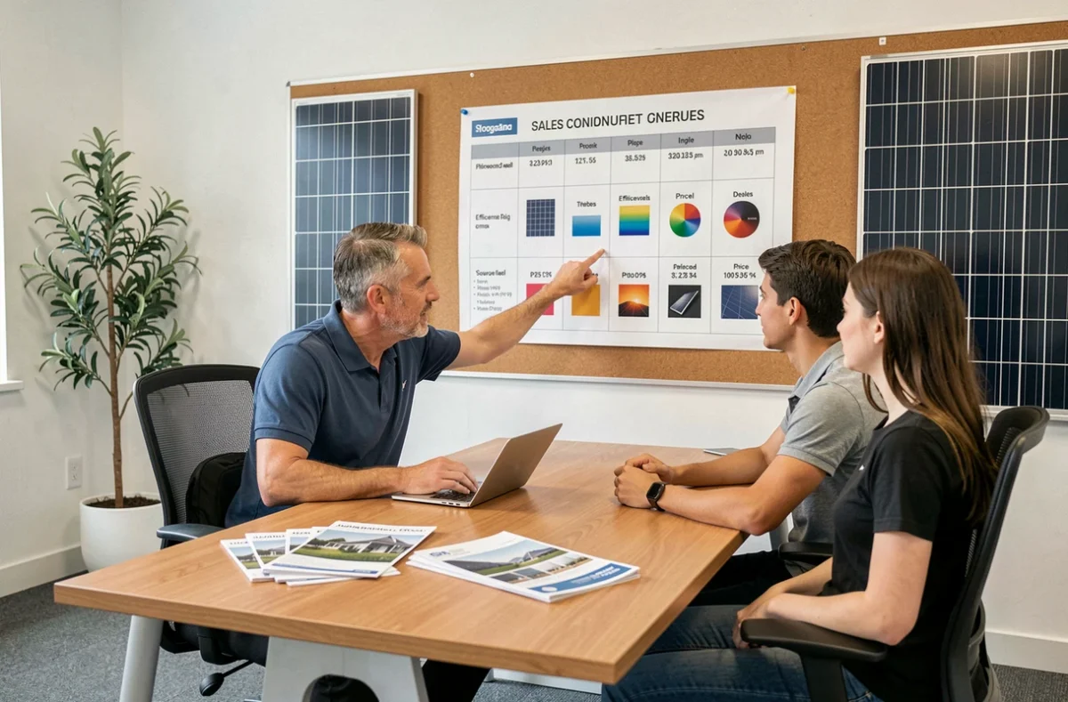 Conseiller en énergie solaire présentant un comparatif de panneaux photovoltaïques à un couple de clients