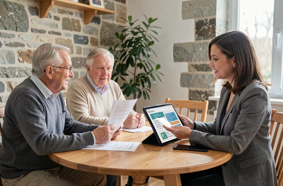 Conseillère en aide à domicile présentant les tarifs et aides financières à un couple de seniors à Angers