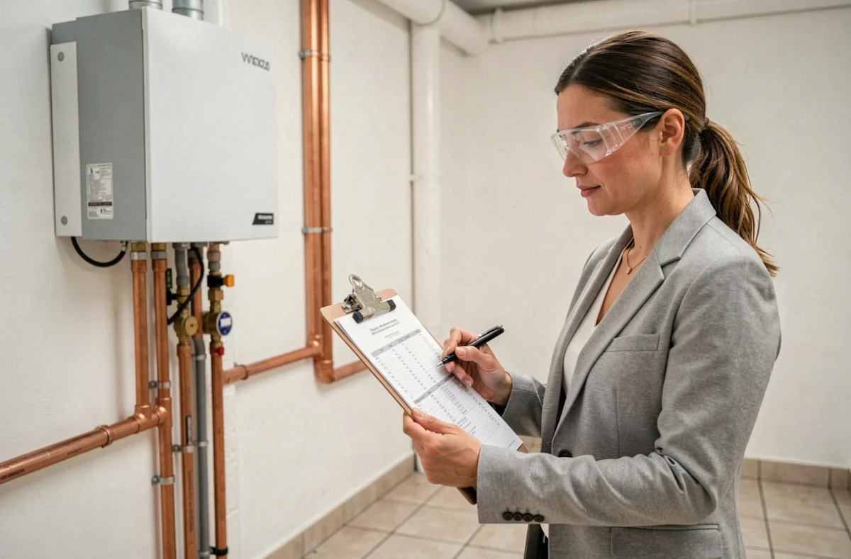 Conseillère en énergie examinant les données techniques d'un système de pompe à chaleur air-eau dans une chaufferie intérieure