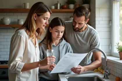 Famille de trois personnes consultant leur facture d'eau dans une cuisine moderne, illustrant la consommation d'eau moyenne pour 3 personnes
