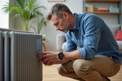 Consultant &eacute;nergie examine un radiateur &eacute;lectrique moderne