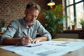 Homme consultant des devis de rénovation et des plans de travaux sur un bureau en bois dans un bureau à domicile moderne