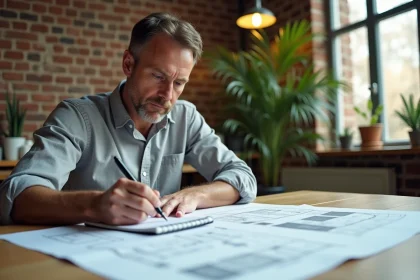 Homme consultant des devis de rénovation et des plans de travaux sur un bureau en bois dans un bureau à domicile moderne