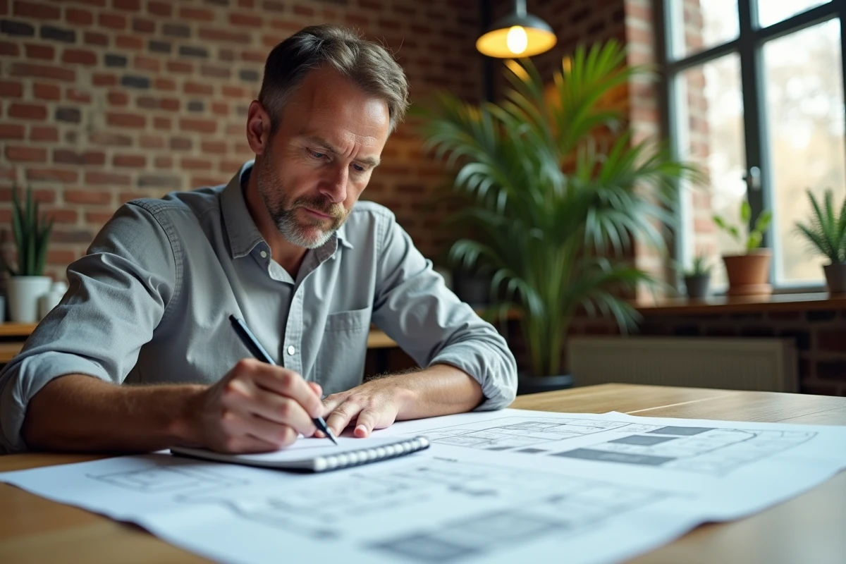 Homme consultant des devis de rénovation et des plans de travaux sur un bureau en bois dans un bureau à domicile moderne