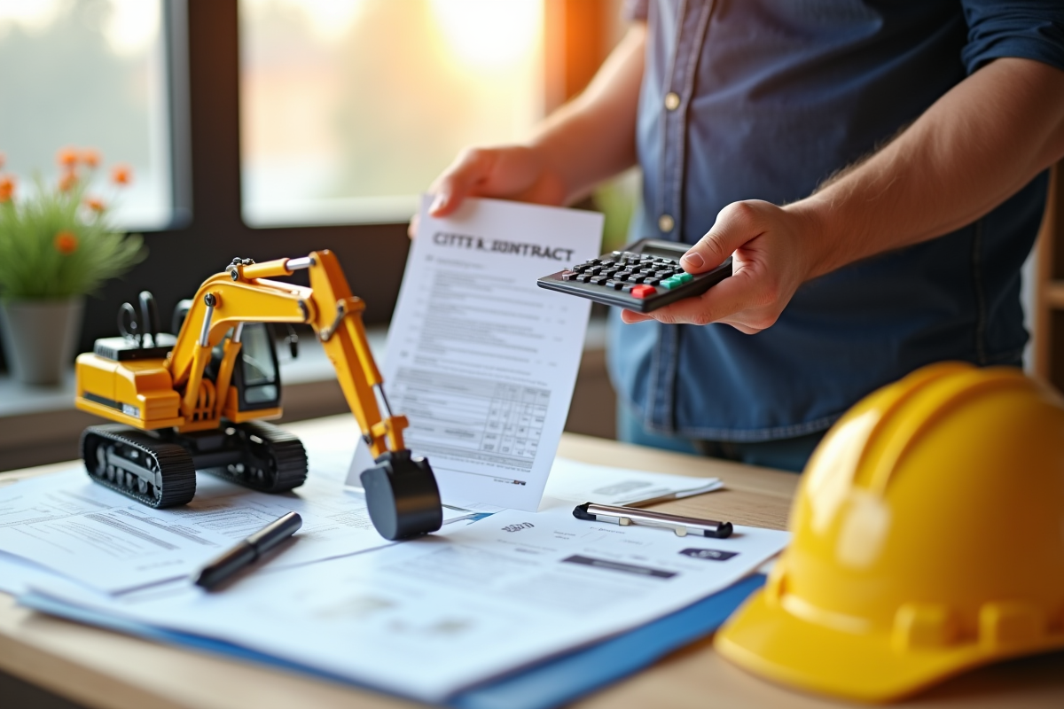 Main tenant un contrat de location et calculatrice avec une petite excavatrice