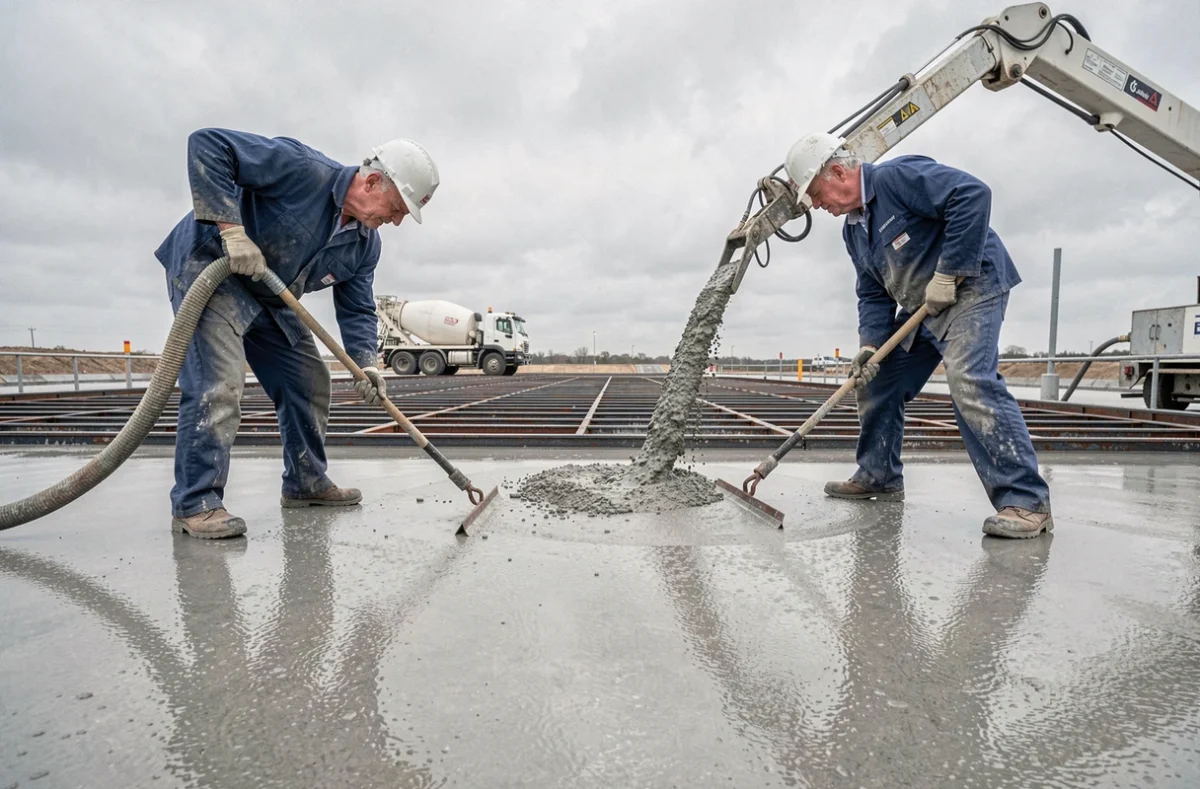 Coulage d'une dalle béton avec adjuvants sur un chantier commercial, ouvriers au travail