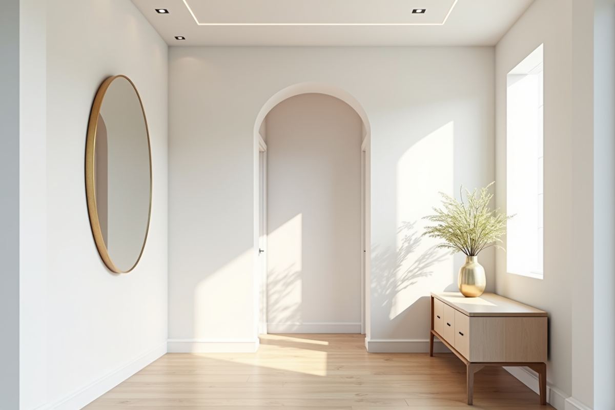 Couloir contemporain avec miroir rond doré et lumière naturelle
