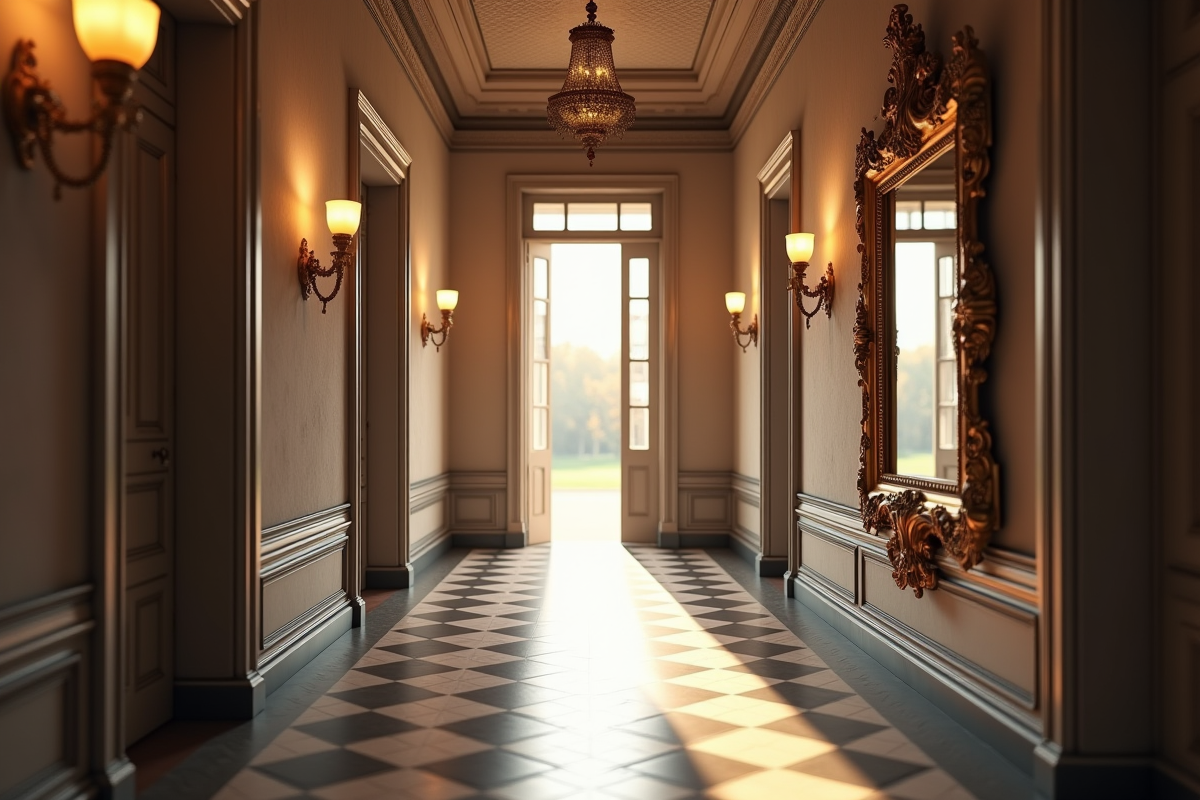 Couloir classique avec miroir vintage et carreaux au sol