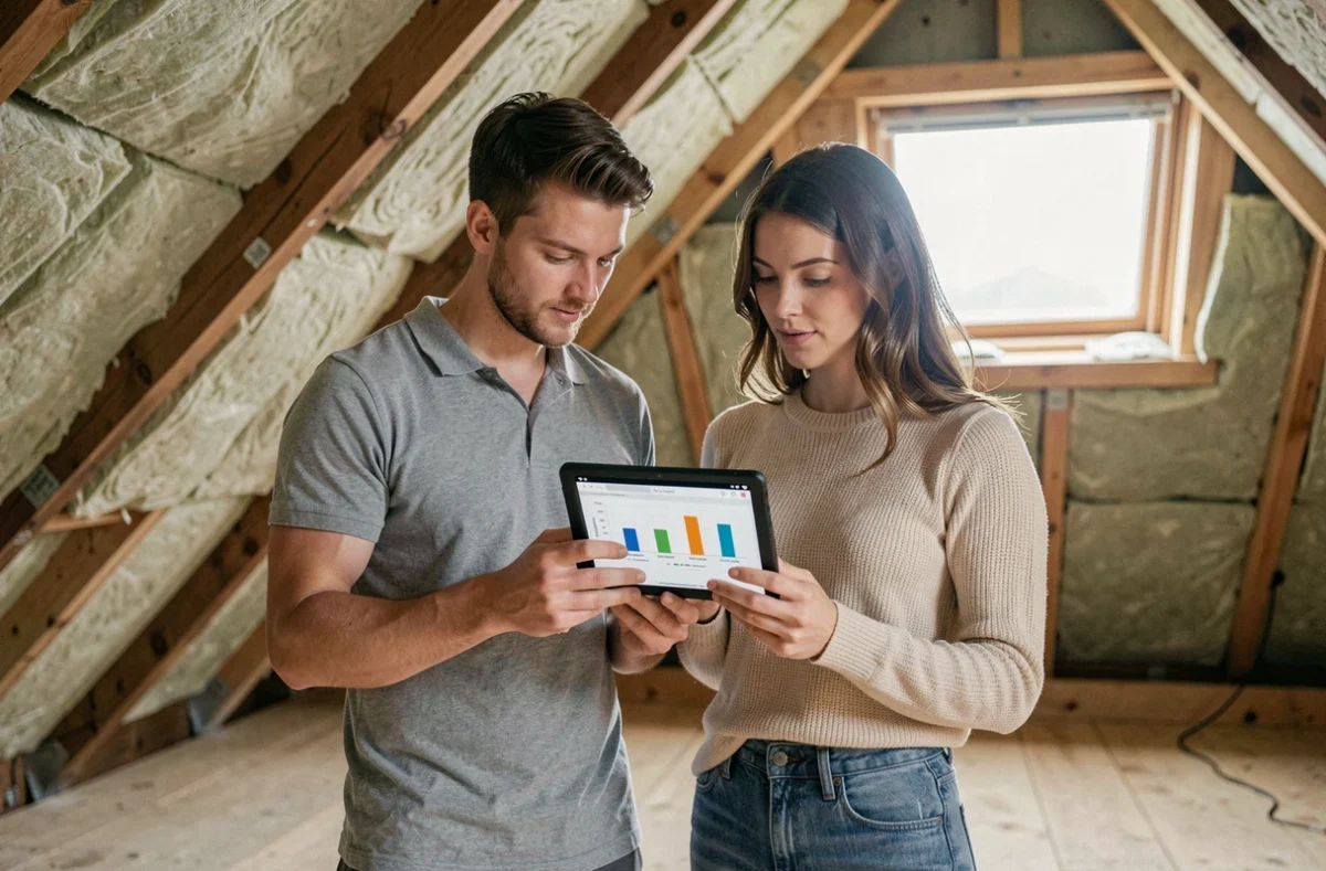 Couple examinant un audit énergétique dans un grenier récemment isolé sous une toiture rénovée