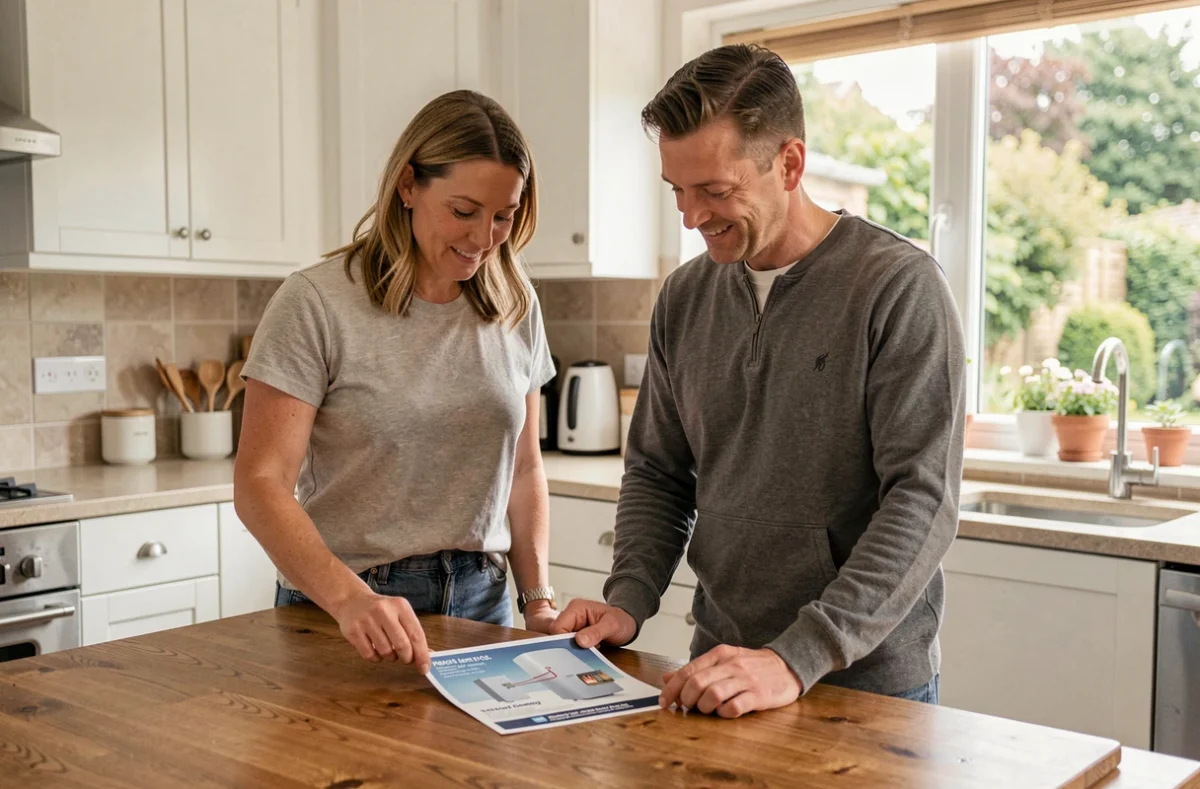 Couple consultant une brochure sur les pompes à chaleur air-eau pour leur projet de rénovation énergétique à la maison