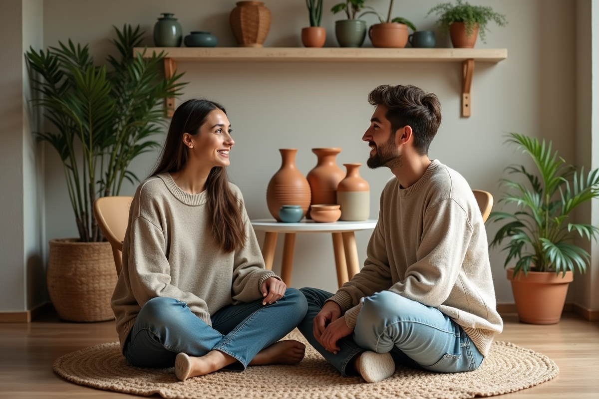 Jeune couple discutant dans un coin repas cosy avec vaisselle terracotta