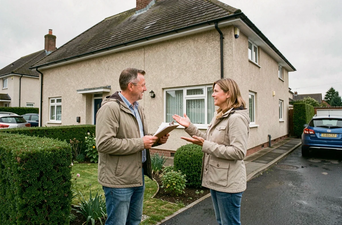 Couple devant leur maison individuelle en banlieue tenant des documents d'assurance habitation