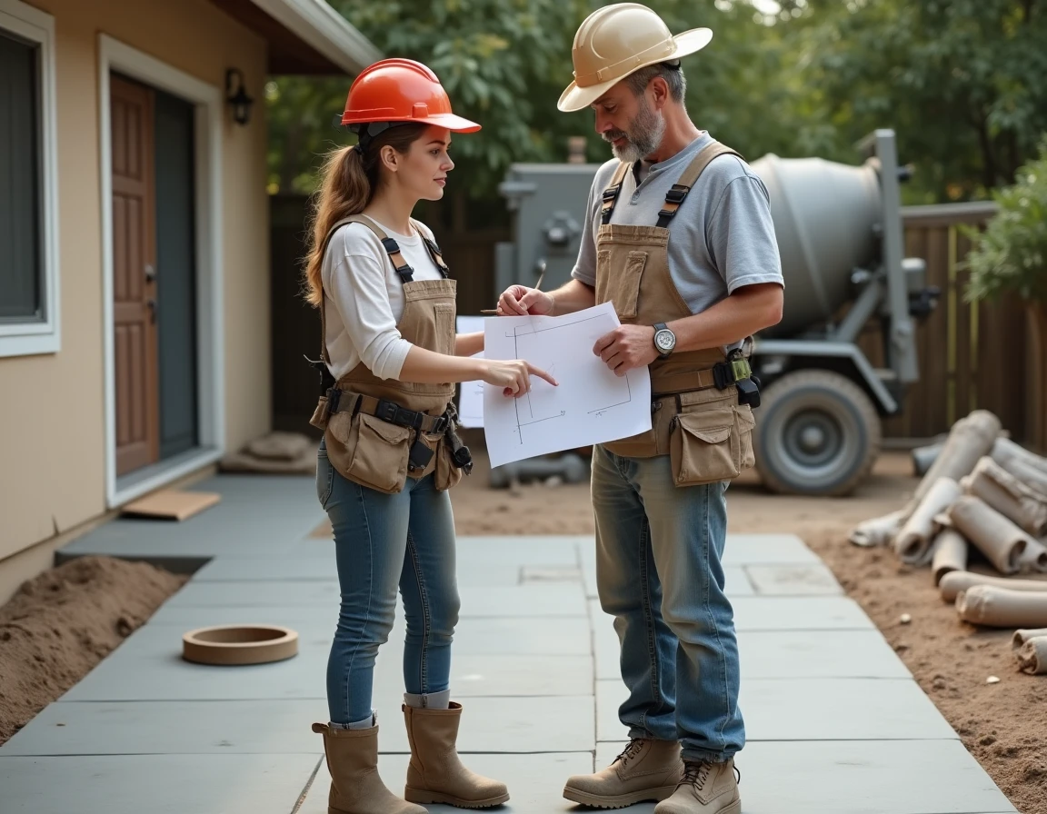 Un couple examine les plans de pose de dalles pour estimer le coût au m² de leur future terrasse DIY
