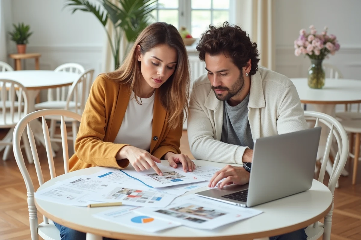 Couple planifiant des travaux de rénovation sur plusieurs années autour d'une table avec des devis et un ordinateur portable