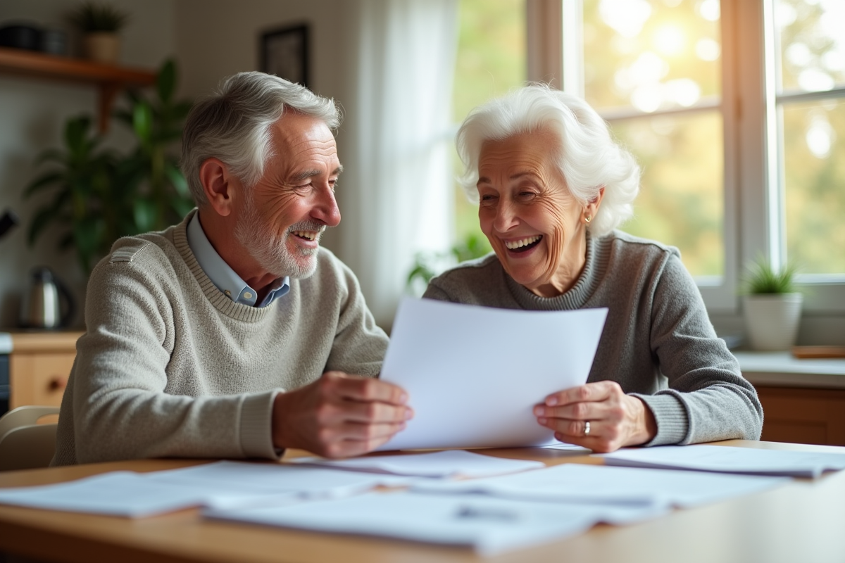 Couple senior souriant à la cuisine avec papiers modernes