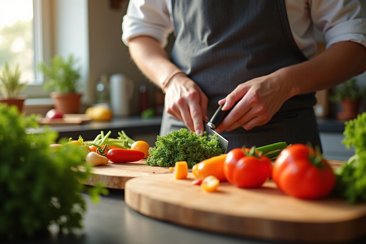 Chef hachant des légumes frais sur une planche en bois