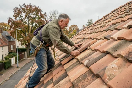 Couvreur professionnel posant des tuiles en terre cuite sur une toiture de maison individuelle de 120 m2 en banlieue française