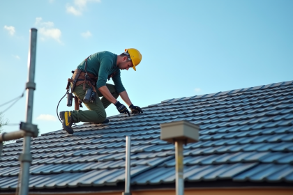 Couvreur professionnel travaillant sur une toiture moderne en tuiles gris