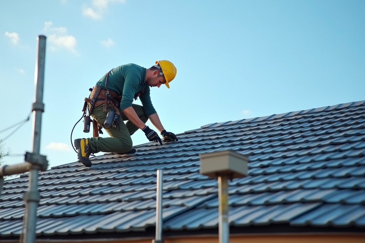 Couvreur professionnel travaillant sur une toiture moderne en tuiles gris