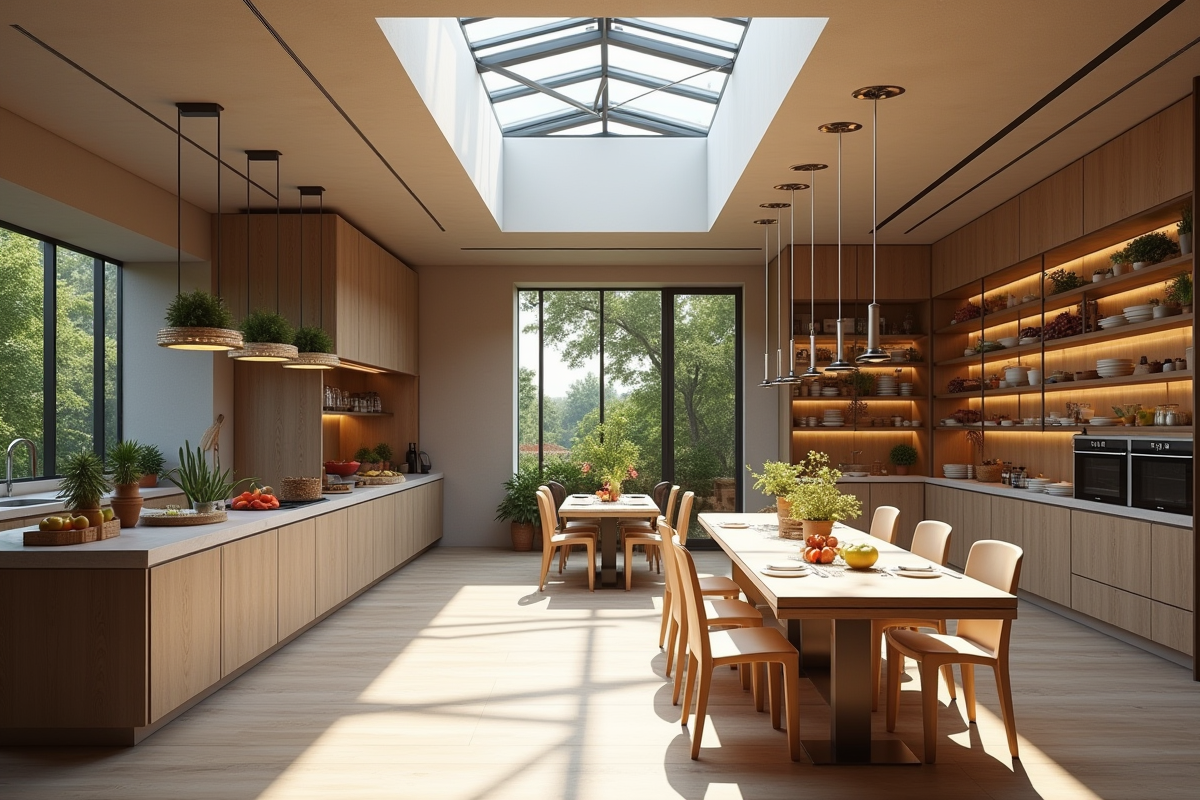 Cuisine contemporaine vue du dessus avec espace repas lumineux