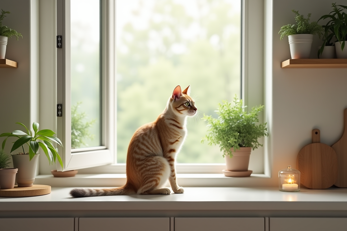 Cuisine moderne avec un chat sur le rebord de la fenêtre lumineuse