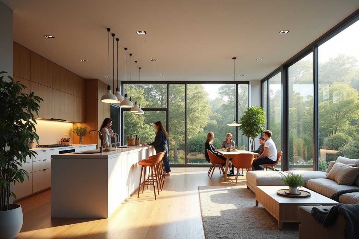 Cuisine ouverte moderne avec salon lumineux et plantes