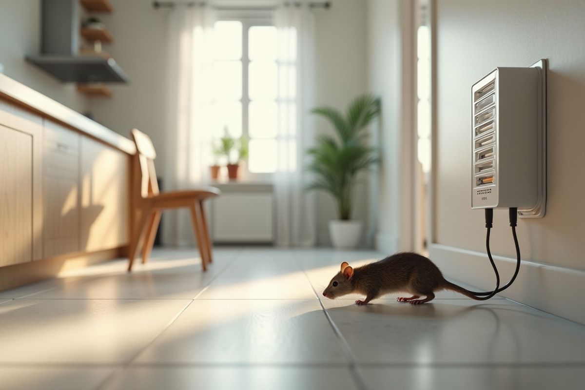 Cuisine moderne avec un repelant anti-rongeurs et une souris curieuse