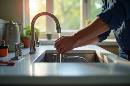 Installation d'un siphon métallique sous évier moderne en cuisine