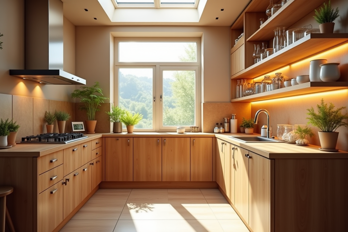 Cuisine urbaine avec éclairage LED et bois chaleureux