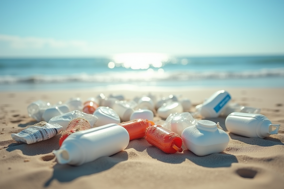 Déchets plastiques en polypropylène sur la plage pollution environnement
