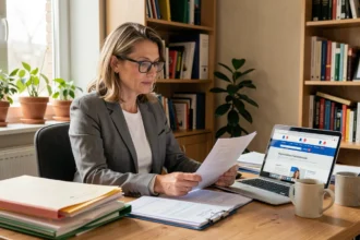 Femme à son bureau à domicile en train de remplir des documents administratifs pour déclarer une femme de ménage via le CESU