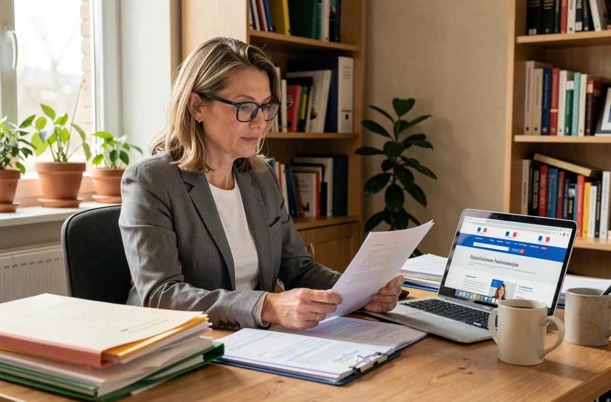 Femme à son bureau à domicile en train de remplir des documents administratifs pour déclarer une femme de ménage via le CESU