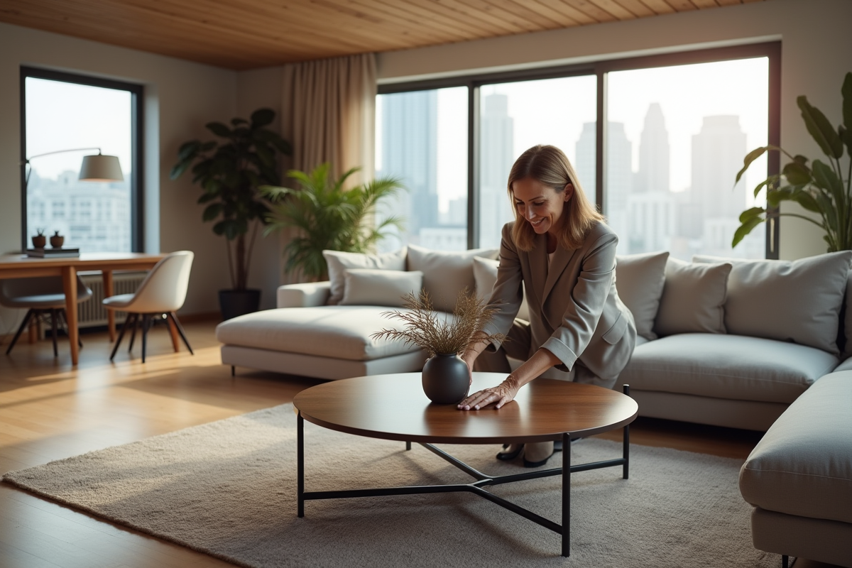 Femme d'âge moyen posant un vase dans un salon moderne