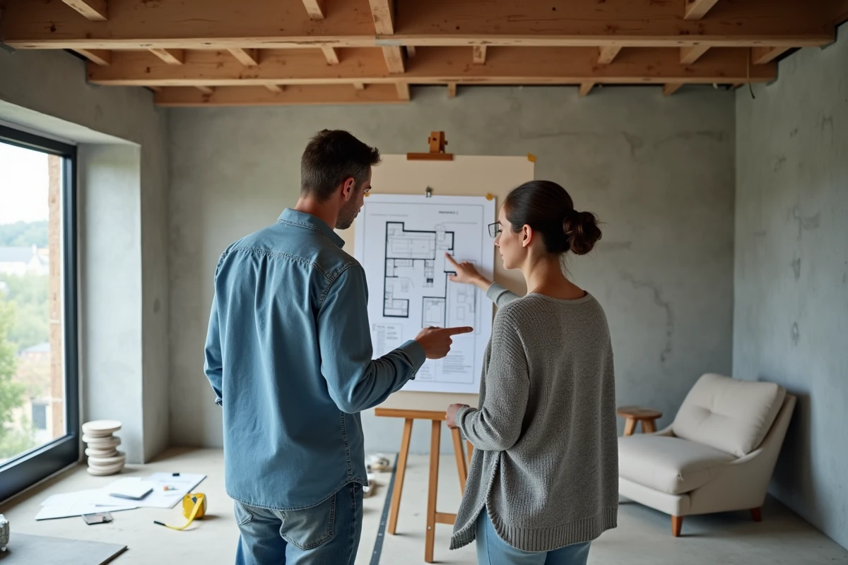 Deux designers d'intérieur collaborant sur un plan d'aménagement dans un espace en cours de rénovation