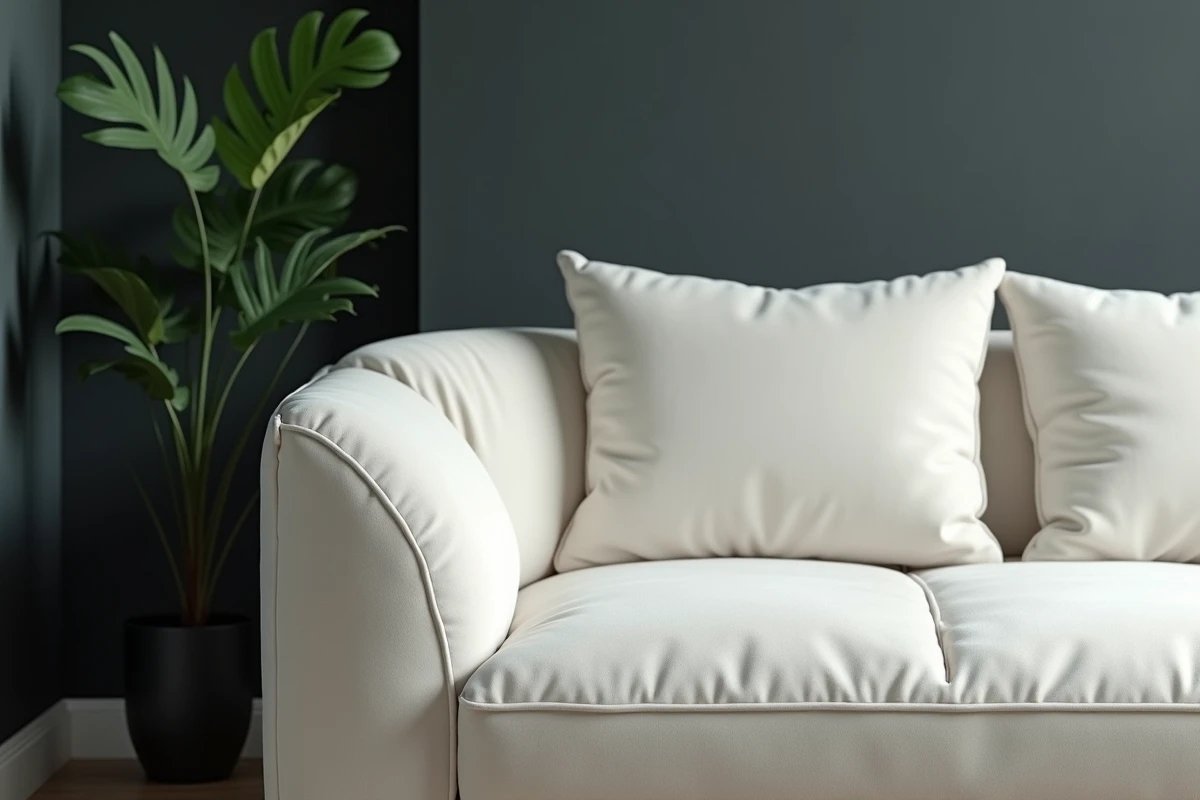 Gros plan sur les coussins moelleux d'un canapé nuage blanc en velours crème contrastant avec un mur sombre anthracite
