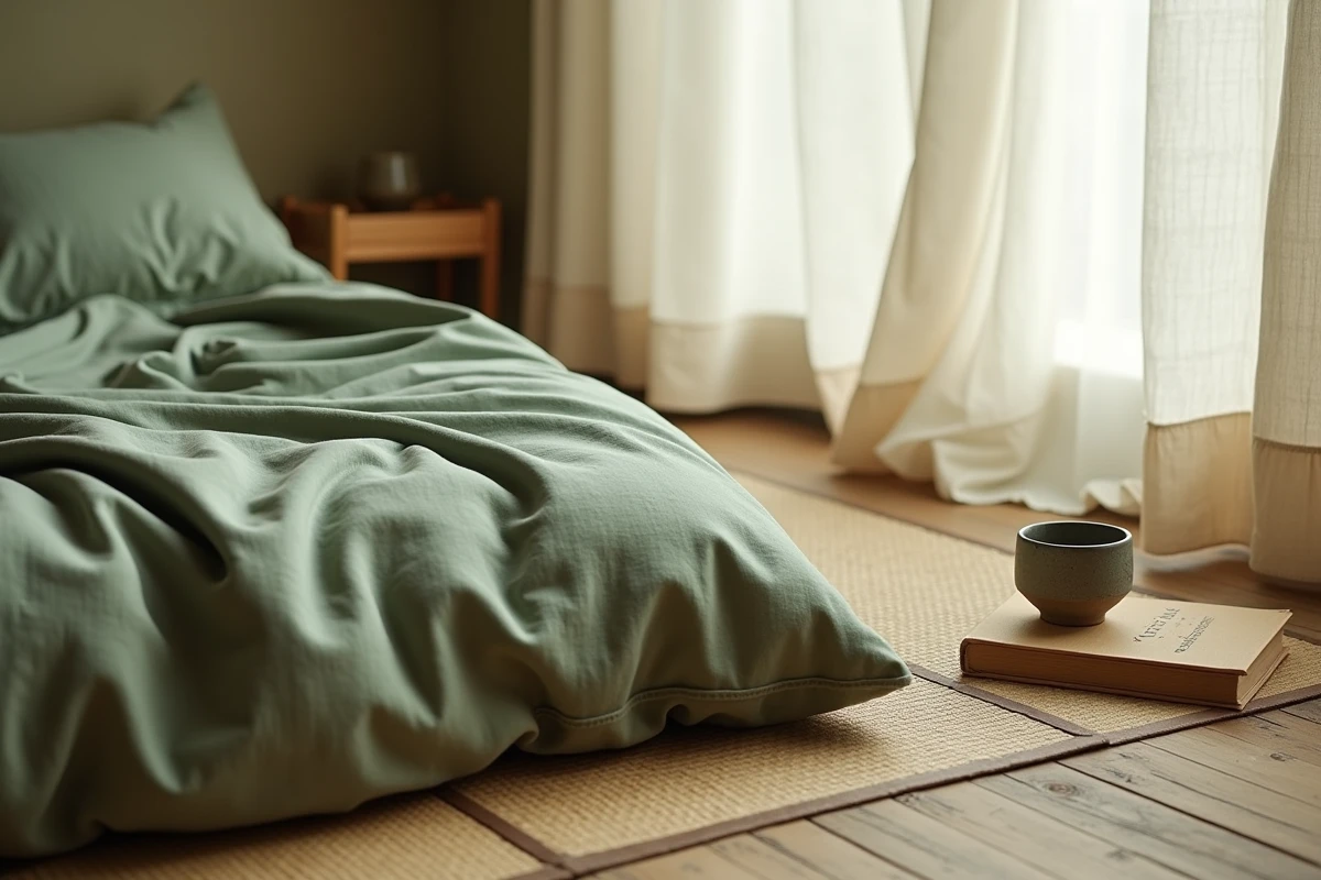 Détail d'un coin futon avec tatami tressé, tasse en grès et livre, ambiance wabi-sabi authentique et textures naturelles