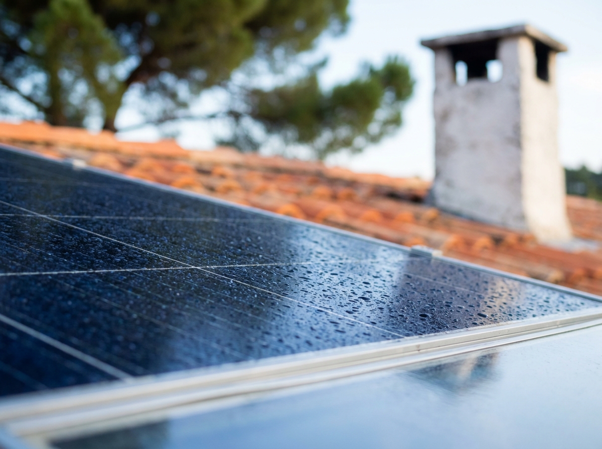 Gros plan sur la surface d'un panneau solaire photovoltaïque installé sur un toit en tuiles dans le Var