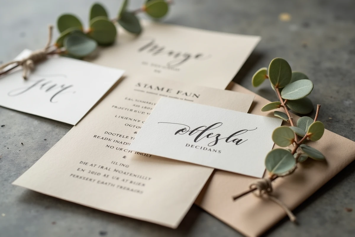 Détail de papeterie de mariage en papier beige texturé avec carton de menu, marque-place et eucalyptus séché sur béton brut